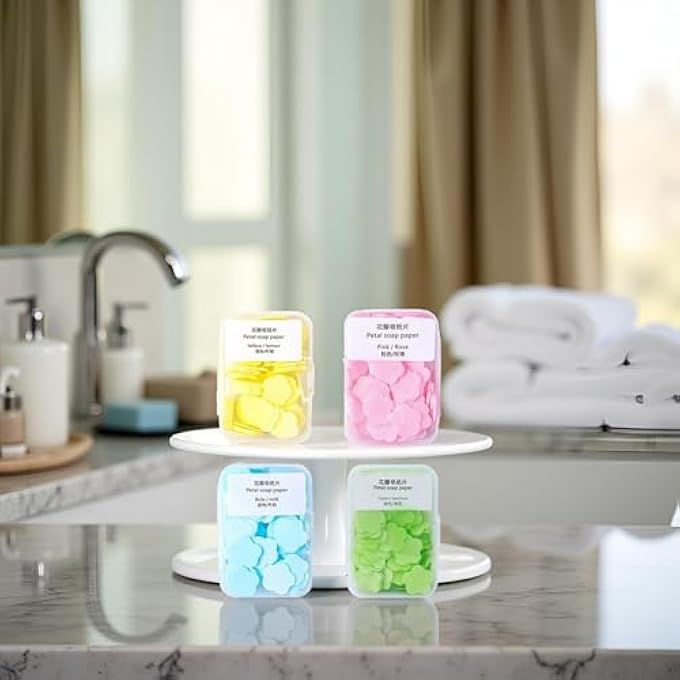 Tnyvm 4 BOXES PAPER SOAP, 4 RANDOM DIFFERENT SCENTED MINI PORTABLE DISPOSABLE PETAL HAND WASH SHEETS, DISSOLVABLE HAND BATH SOAP,SUITABLE FOR OUTDOOR,CAMPING AND HIKING,PERSONAL CARE(APPROX 400 SHEETS) - Image 3